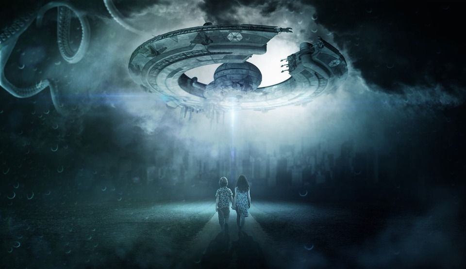 Sci fi image with flying saucer and two kids